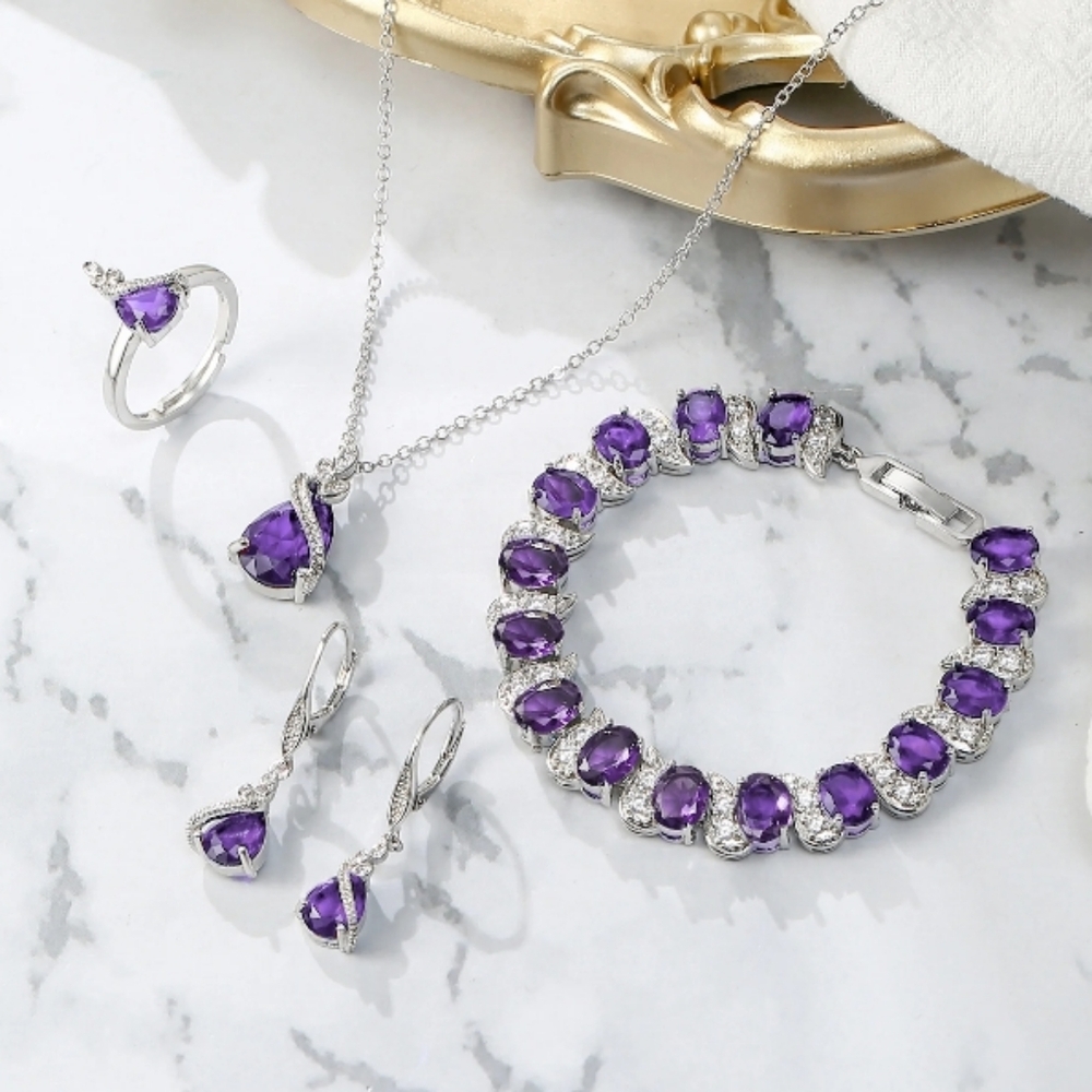 Collection Bridal Purple 5 Piece Ring Earrings Bracelet Necklace Bridesmaid